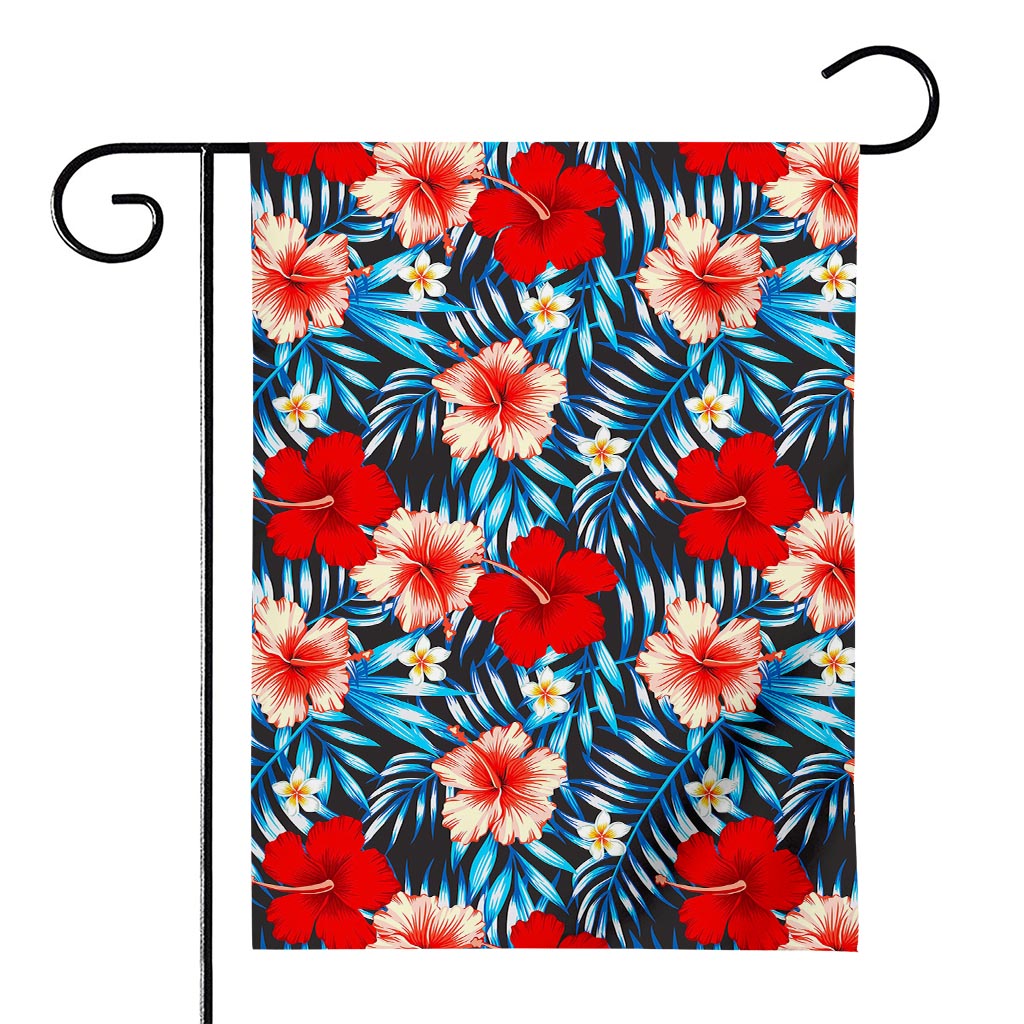 Turquoise Leaves Hibiscus Pattern Print House Flag