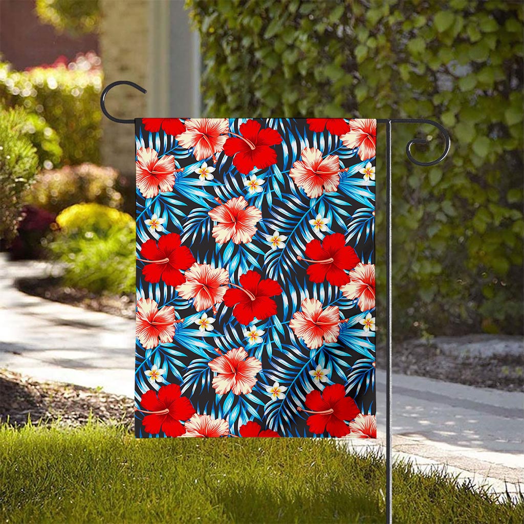 Turquoise Leaves Hibiscus Pattern Print House Flag