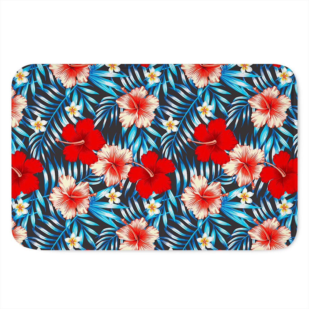 Turquoise Leaves Hibiscus Pattern Print Indoor Door Mat