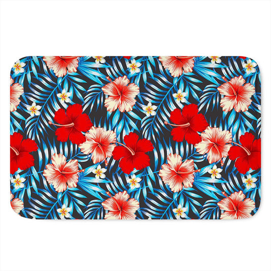 Turquoise Leaves Hibiscus Pattern Print Indoor Door Mat