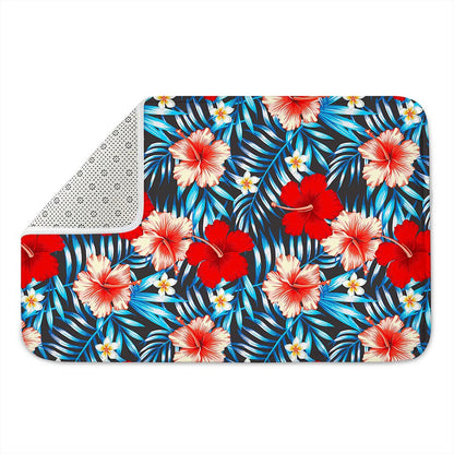 Turquoise Leaves Hibiscus Pattern Print Indoor Door Mat