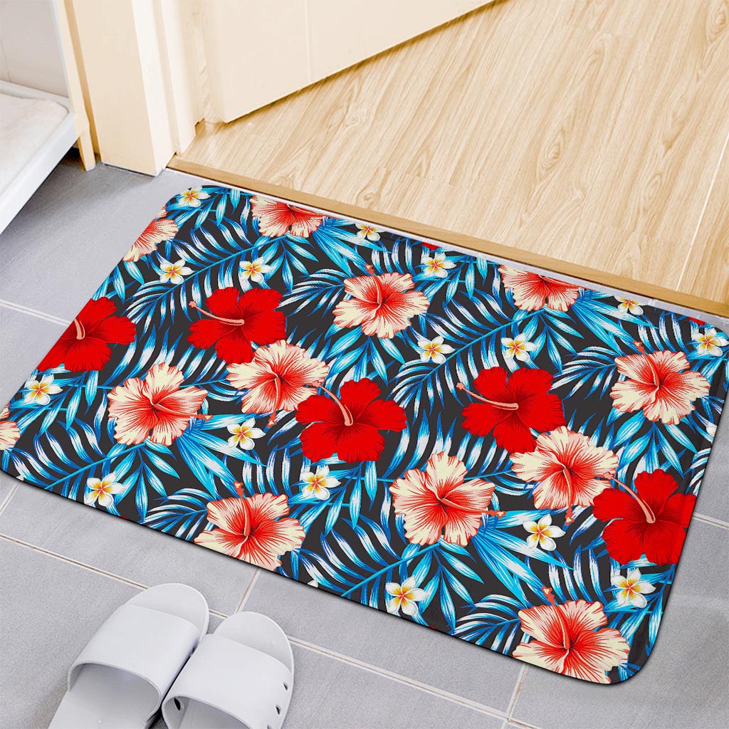 Turquoise Leaves Hibiscus Pattern Print Indoor Door Mat