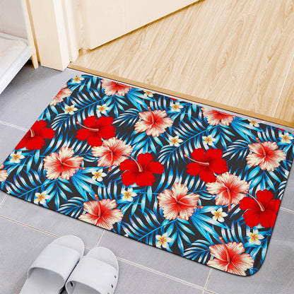 Turquoise Leaves Hibiscus Pattern Print Indoor Door Mat