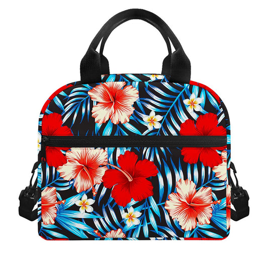 Turquoise Leaves Hibiscus Pattern Print Insulated Lunch Bag