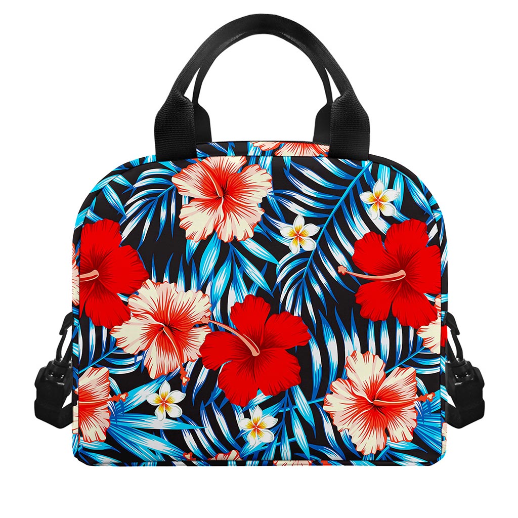 Turquoise Leaves Hibiscus Pattern Print Insulated Lunch Bag