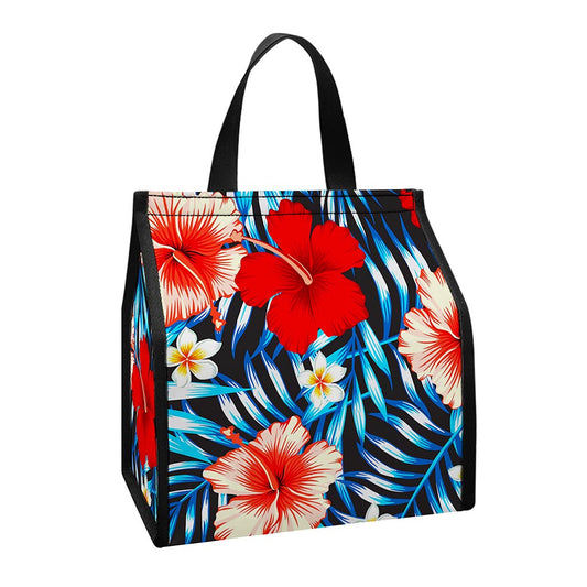 Turquoise Leaves Hibiscus Pattern Print Insulated Lunch Tote