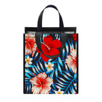 Turquoise Leaves Hibiscus Pattern Print Insulated Lunch Tote