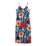 Turquoise Leaves Hibiscus Pattern Print Jersey Midi Cami Dress