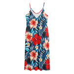 Turquoise Leaves Hibiscus Pattern Print Jersey Midi Cami Dress