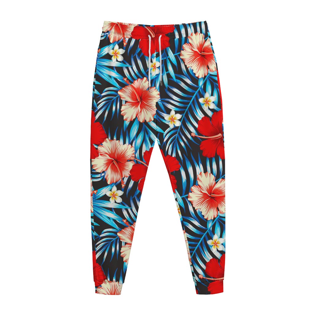 Turquoise Leaves Hibiscus Pattern Print Jogger Pants