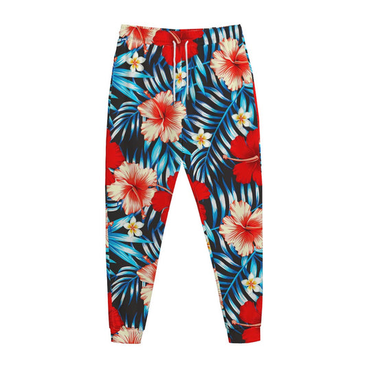 Turquoise Leaves Hibiscus Pattern Print Jogger Pants