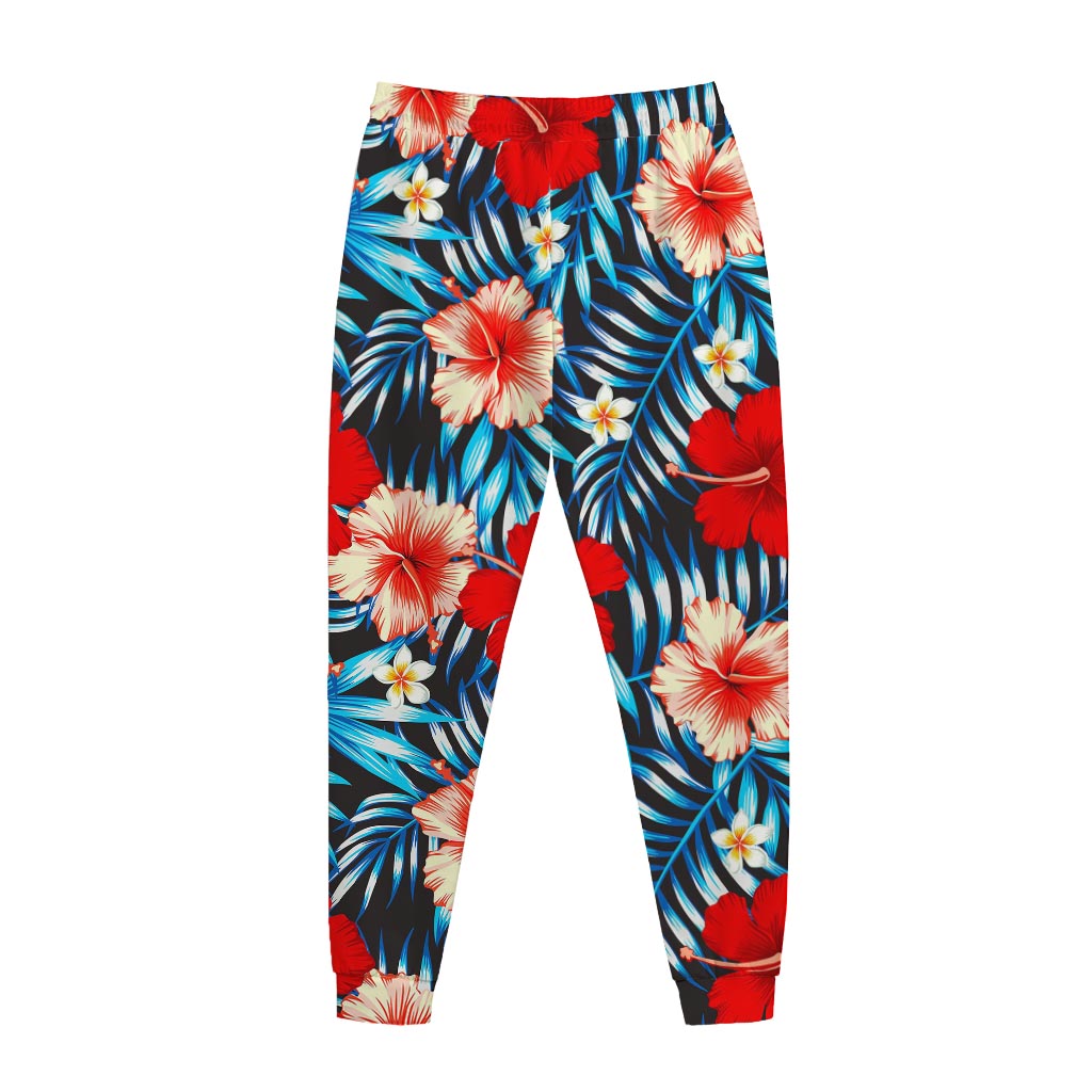 Turquoise Leaves Hibiscus Pattern Print Jogger Pants