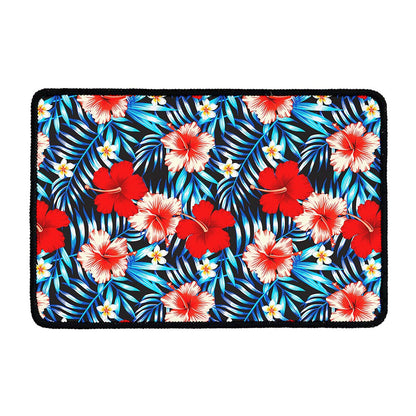 Turquoise Leaves Hibiscus Pattern Print Kitchen Mat