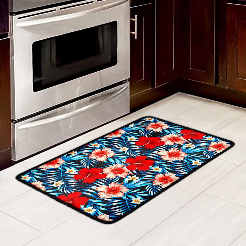 Turquoise Leaves Hibiscus Pattern Print Kitchen Mat