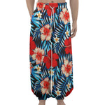 Turquoise Leaves Hibiscus Pattern Print Lantern Pants