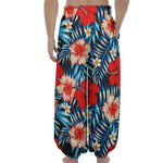 Turquoise Leaves Hibiscus Pattern Print Lantern Pants