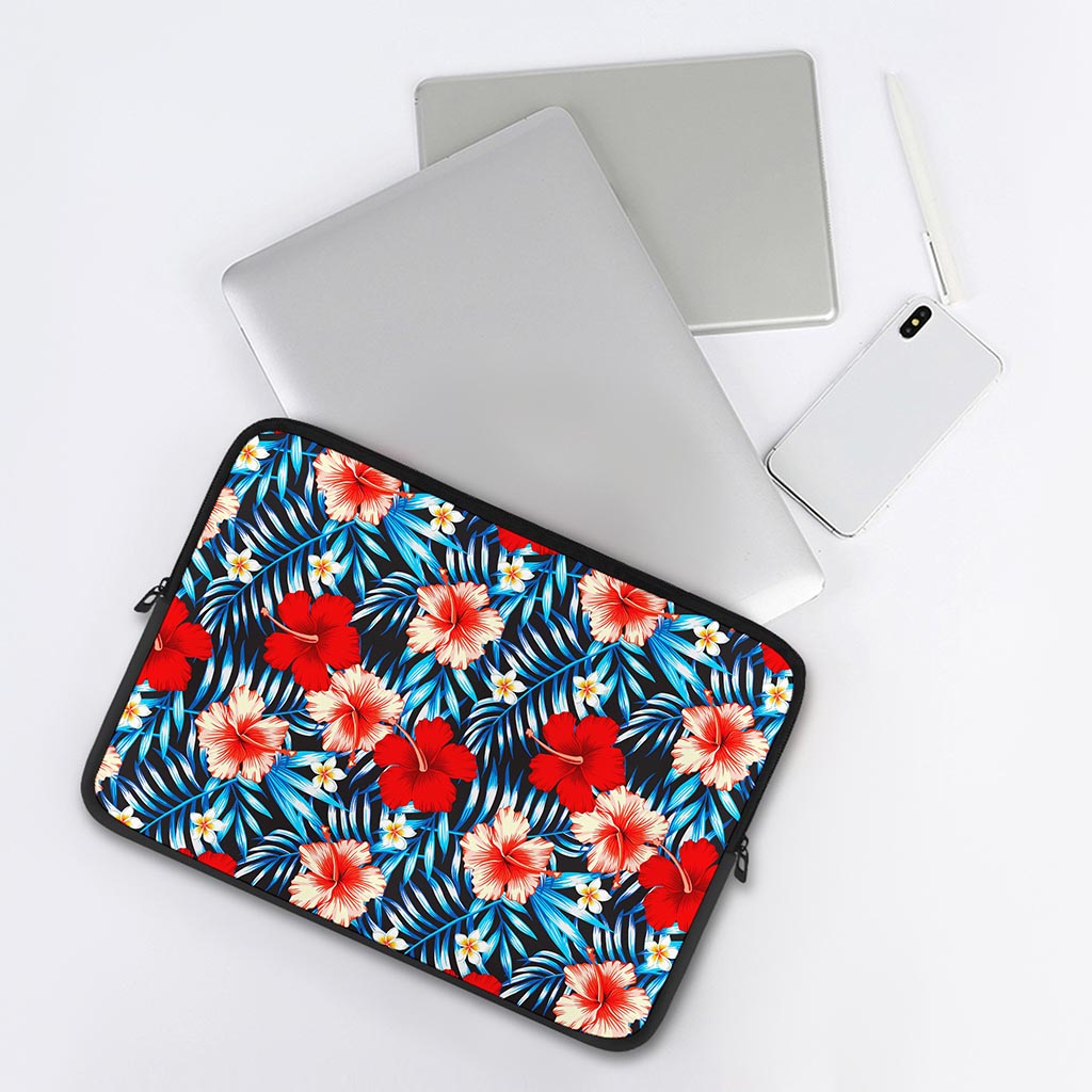 Turquoise Leaves Hibiscus Pattern Print Laptop Sleeve