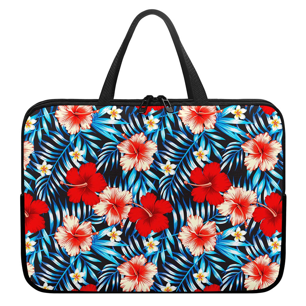 Turquoise Leaves Hibiscus Pattern Print Laptop Sleeve With Handle