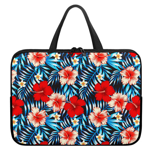 Turquoise Leaves Hibiscus Pattern Print Laptop Sleeve With Handle