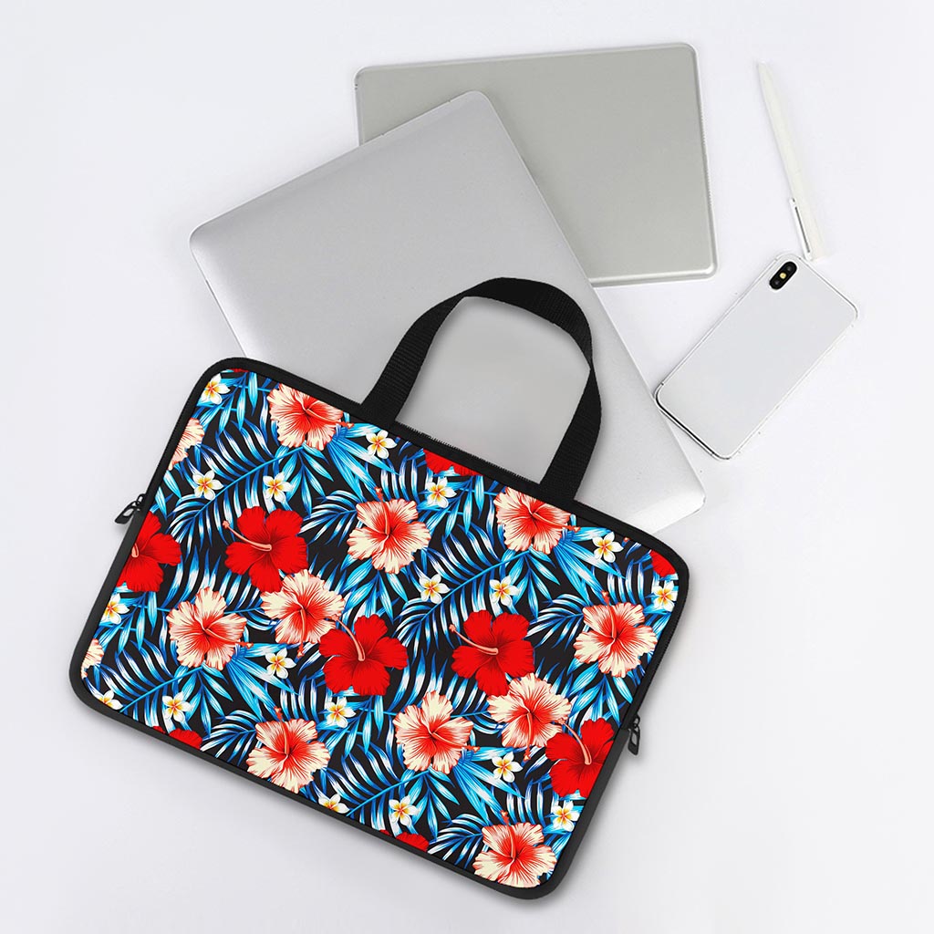 Turquoise Leaves Hibiscus Pattern Print Laptop Sleeve With Handle