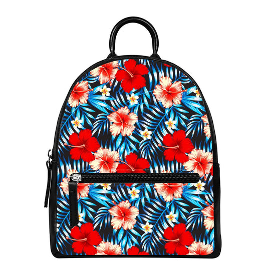Turquoise Leaves Hibiscus Pattern Print Leather Backpack