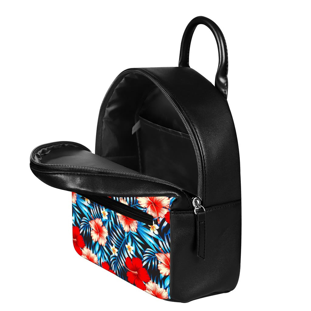 Turquoise Leaves Hibiscus Pattern Print Leather Backpack