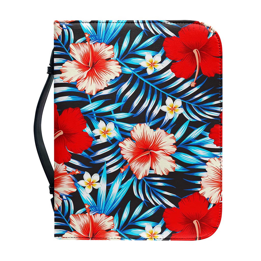 Turquoise Leaves Hibiscus Pattern Print Leather Bible Cover