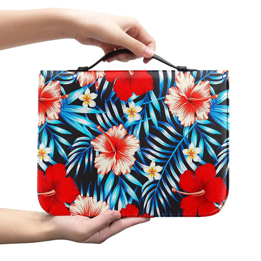 Turquoise Leaves Hibiscus Pattern Print Leather Bible Cover