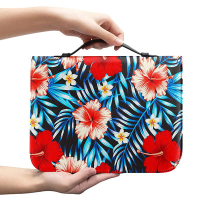 Turquoise Leaves Hibiscus Pattern Print Leather Bible Cover