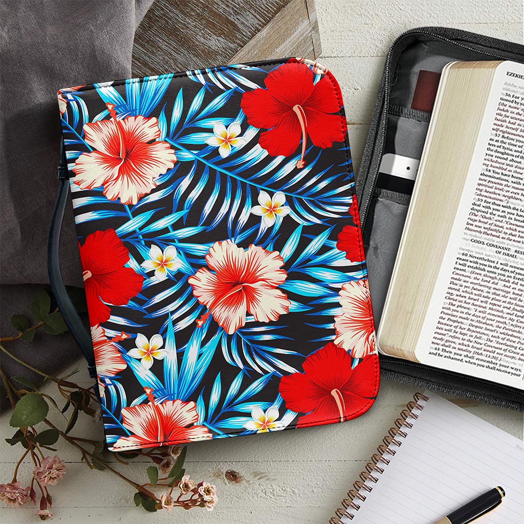 Turquoise Leaves Hibiscus Pattern Print Leather Bible Cover