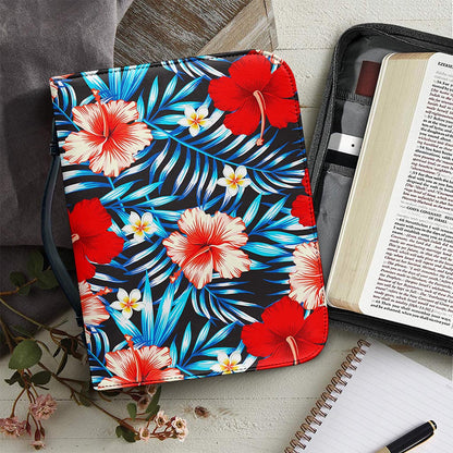 Turquoise Leaves Hibiscus Pattern Print Leather Bible Cover