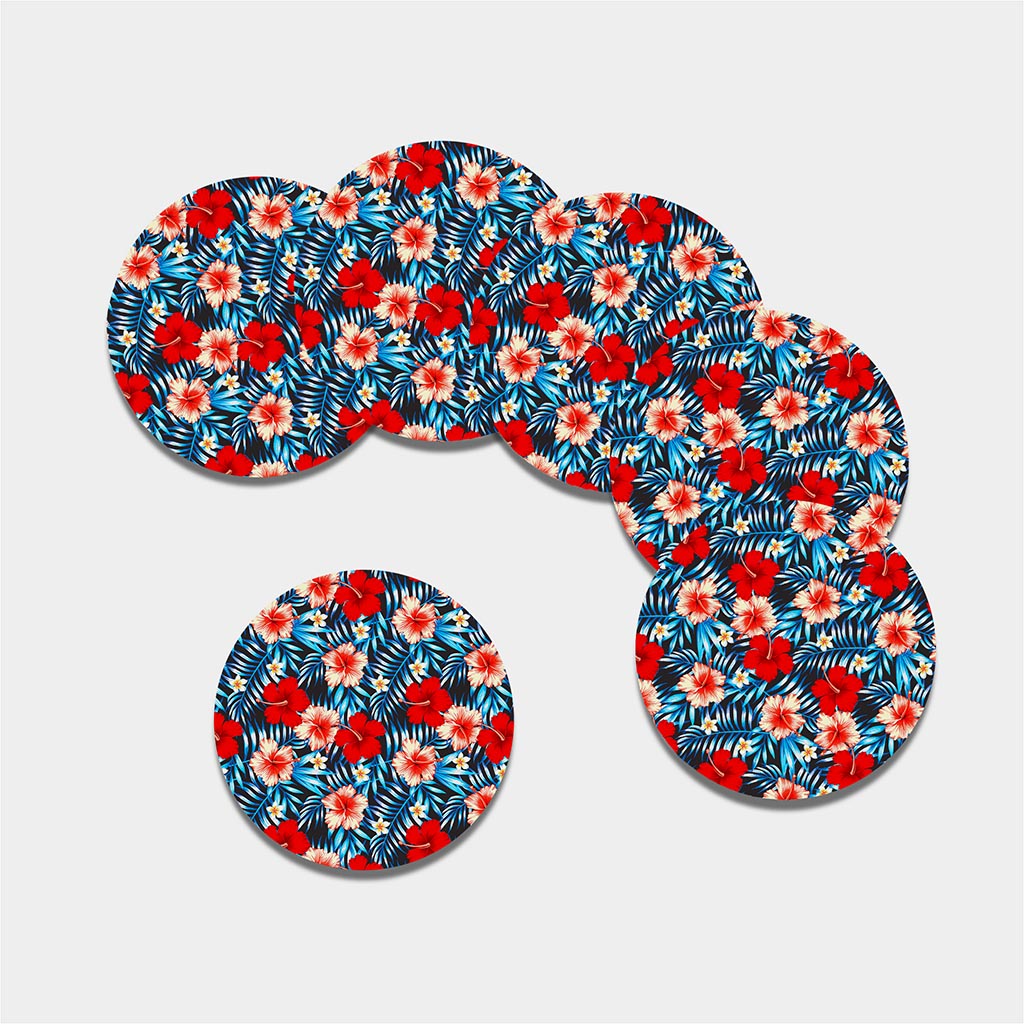 Turquoise Leaves Hibiscus Pattern Print Leather Coaster Set