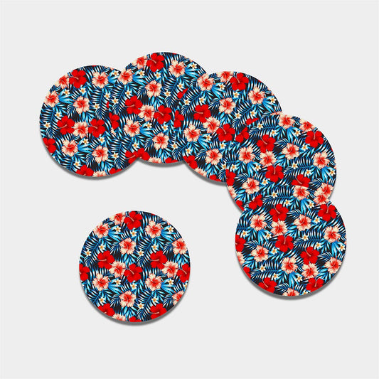 Turquoise Leaves Hibiscus Pattern Print Leather Coaster Set