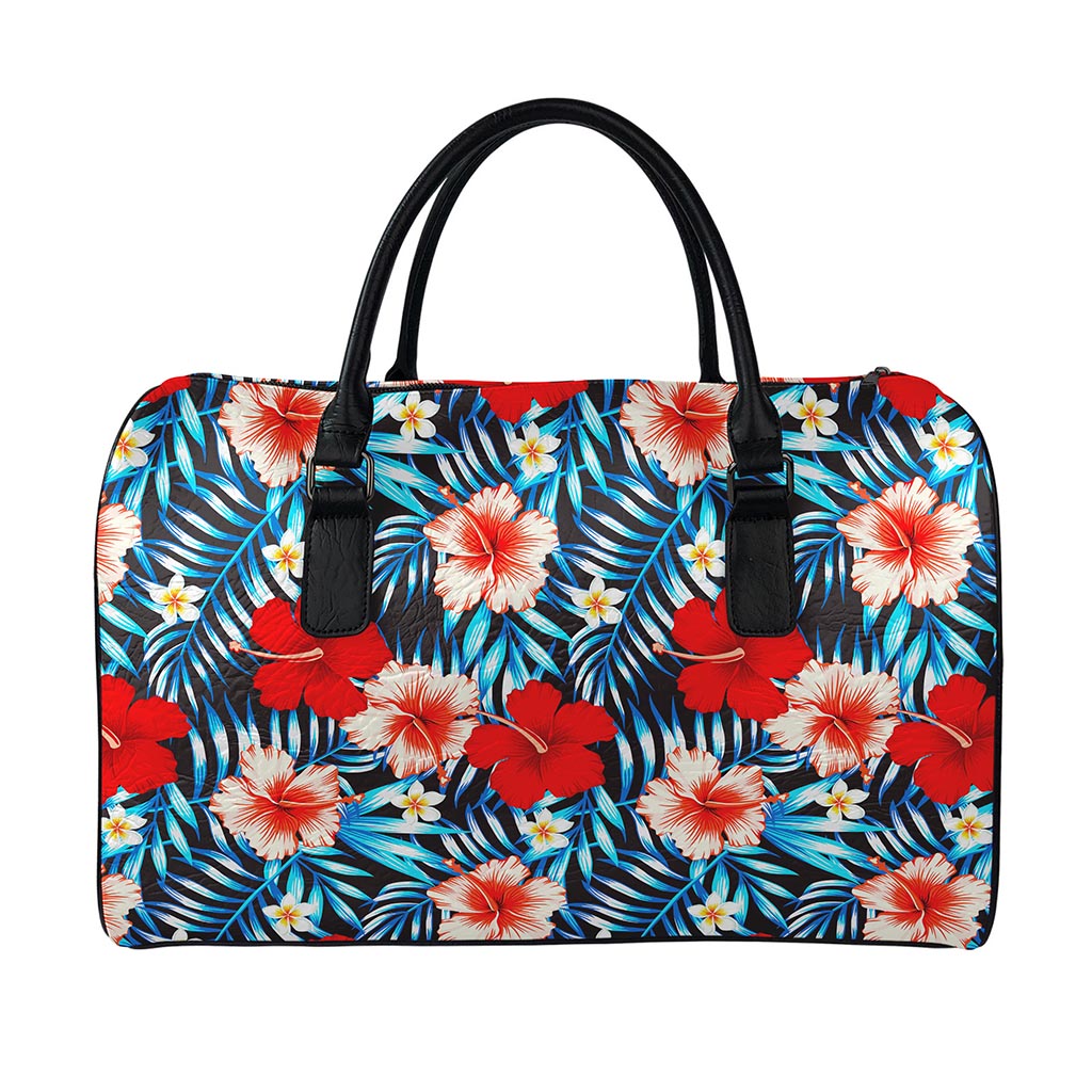 Turquoise Leaves Hibiscus Pattern Print Leather Duffle Bag