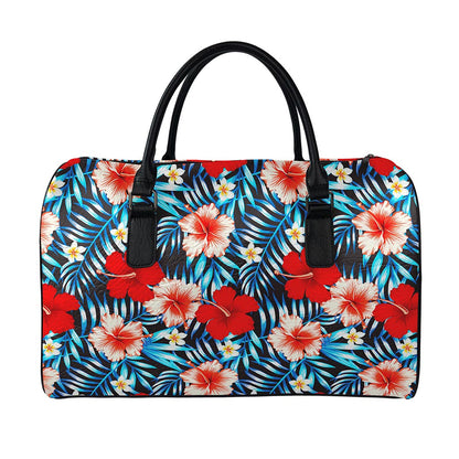 Turquoise Leaves Hibiscus Pattern Print Leather Duffle Bag