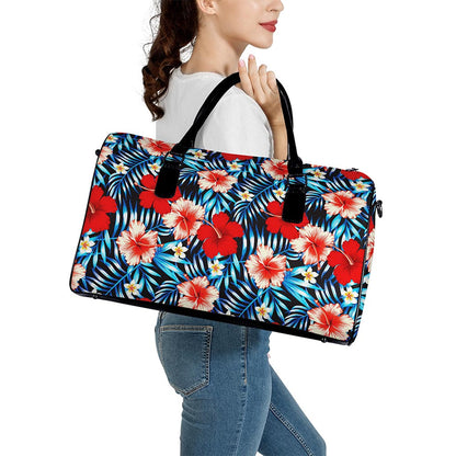 Turquoise Leaves Hibiscus Pattern Print Leather Duffle Bag