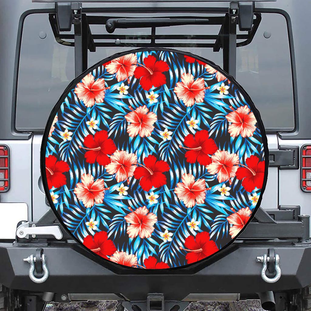 Turquoise Leaves Hibiscus Pattern Print Leather Spare Tire Cover