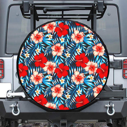Turquoise Leaves Hibiscus Pattern Print Leather Spare Tire Cover