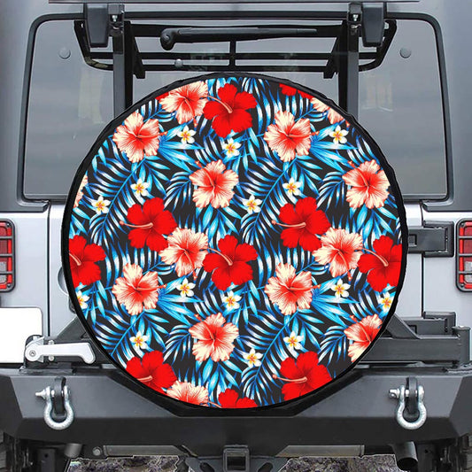 Turquoise Leaves Hibiscus Pattern Print Leather Spare Tire Cover