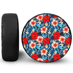 Turquoise Leaves Hibiscus Pattern Print Leather Spare Tire Cover