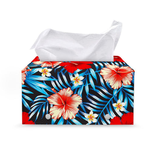 Turquoise Leaves Hibiscus Pattern Print Leather Tissue Box Cover