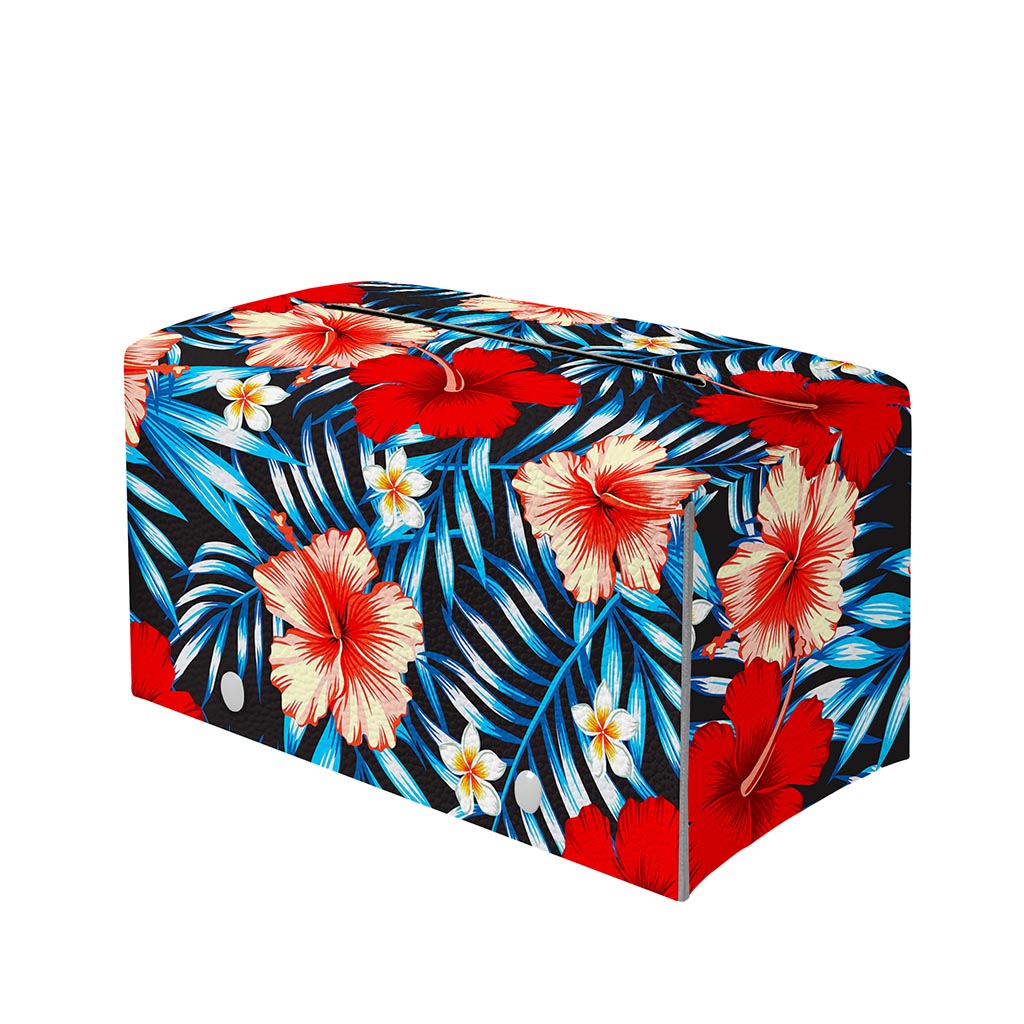 Turquoise Leaves Hibiscus Pattern Print Leather Tissue Box Cover