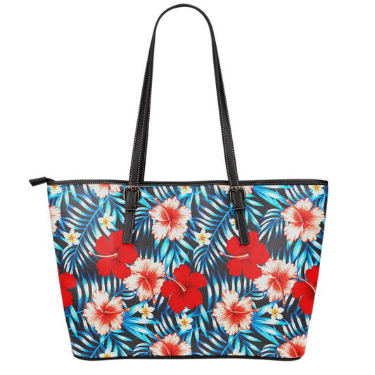 Turquoise Leaves Hibiscus Pattern Print Leather Tote Bag