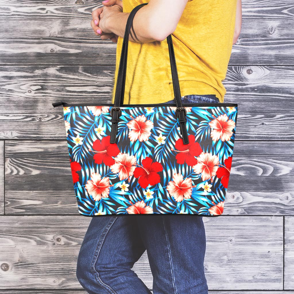 Turquoise Leaves Hibiscus Pattern Print Leather Tote Bag