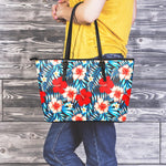 Turquoise Leaves Hibiscus Pattern Print Leather Tote Bag