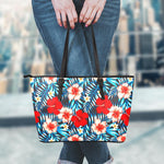 Turquoise Leaves Hibiscus Pattern Print Leather Tote Bag