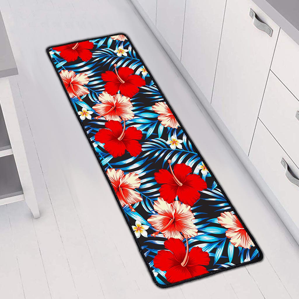 Turquoise Leaves Hibiscus Pattern Print Long Kitchen Mat