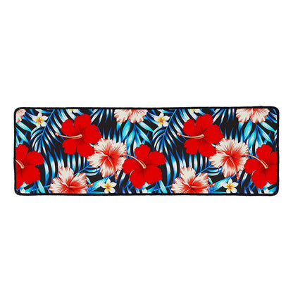 Turquoise Leaves Hibiscus Pattern Print Long Kitchen Mat