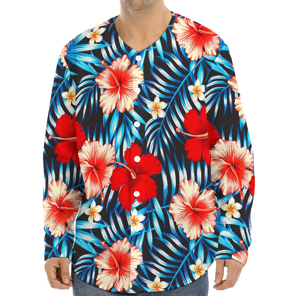 Turquoise Leaves Hibiscus Pattern Print Long Sleeve Baseball Jersey