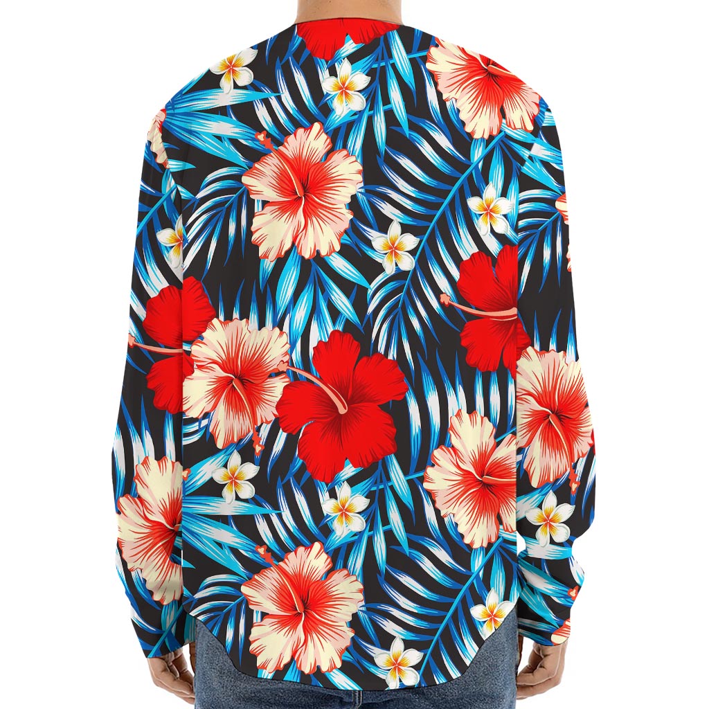 Turquoise Leaves Hibiscus Pattern Print Long Sleeve Baseball Jersey